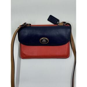 Coach Park Dylan Leather Wallet/Mini Purse with strap. Navy Blue and Orange